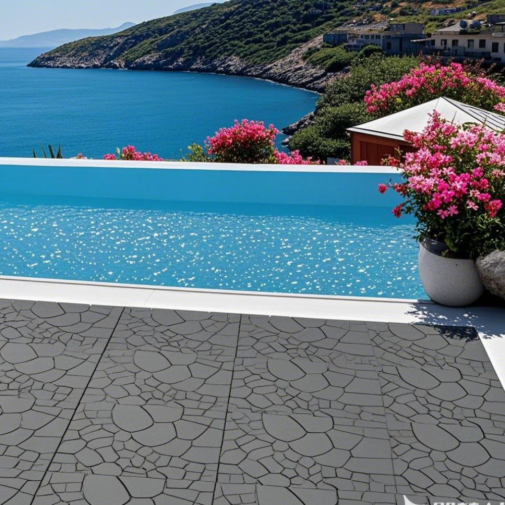 12″ Stone Texture Interlocking Deck Tiles 44Pcs Dark Gray PP Module Floor Tile