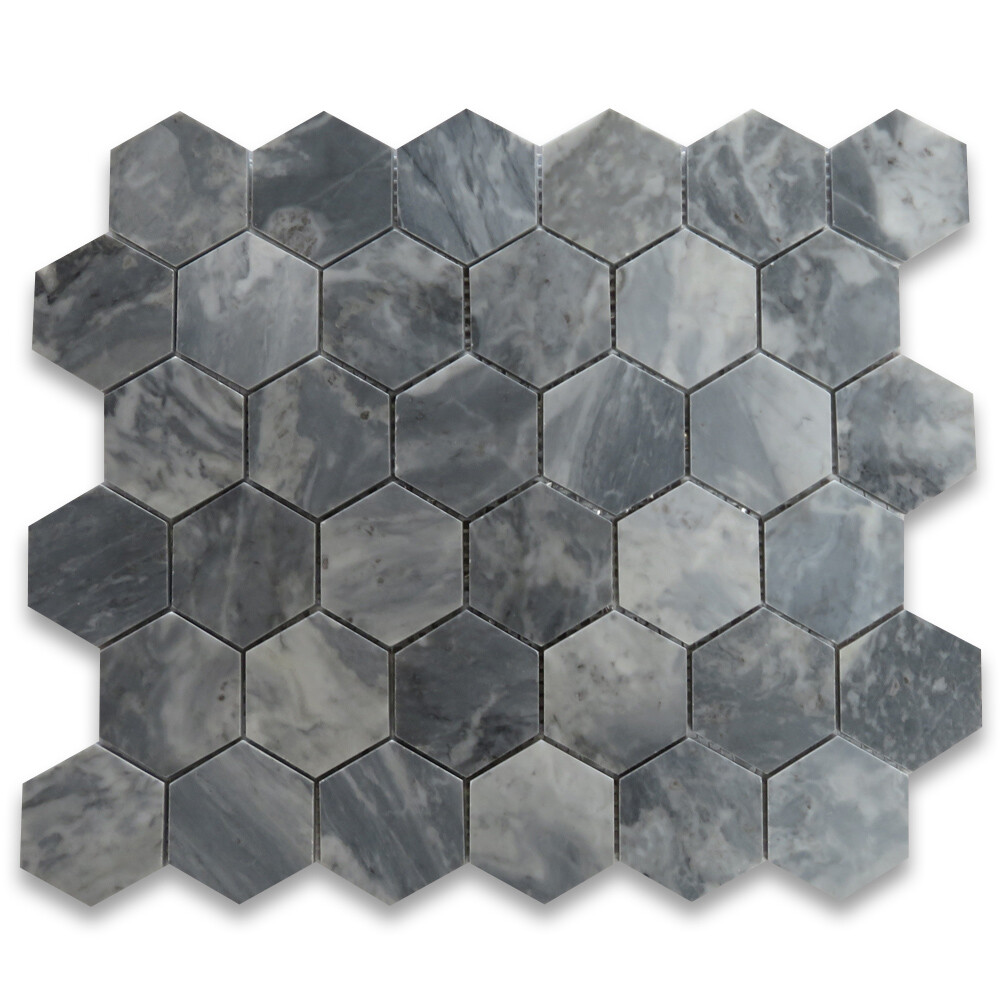 K32XP Bardiglio Gray Dark Grey Marble 2 inch Hexagon Mosaic Tile Polished