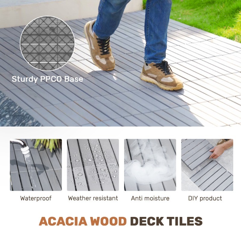 30 PCS 12″ x 12″ Light Gray Acacia Wood Interlocking Deck Tiles Outdoor Flooring