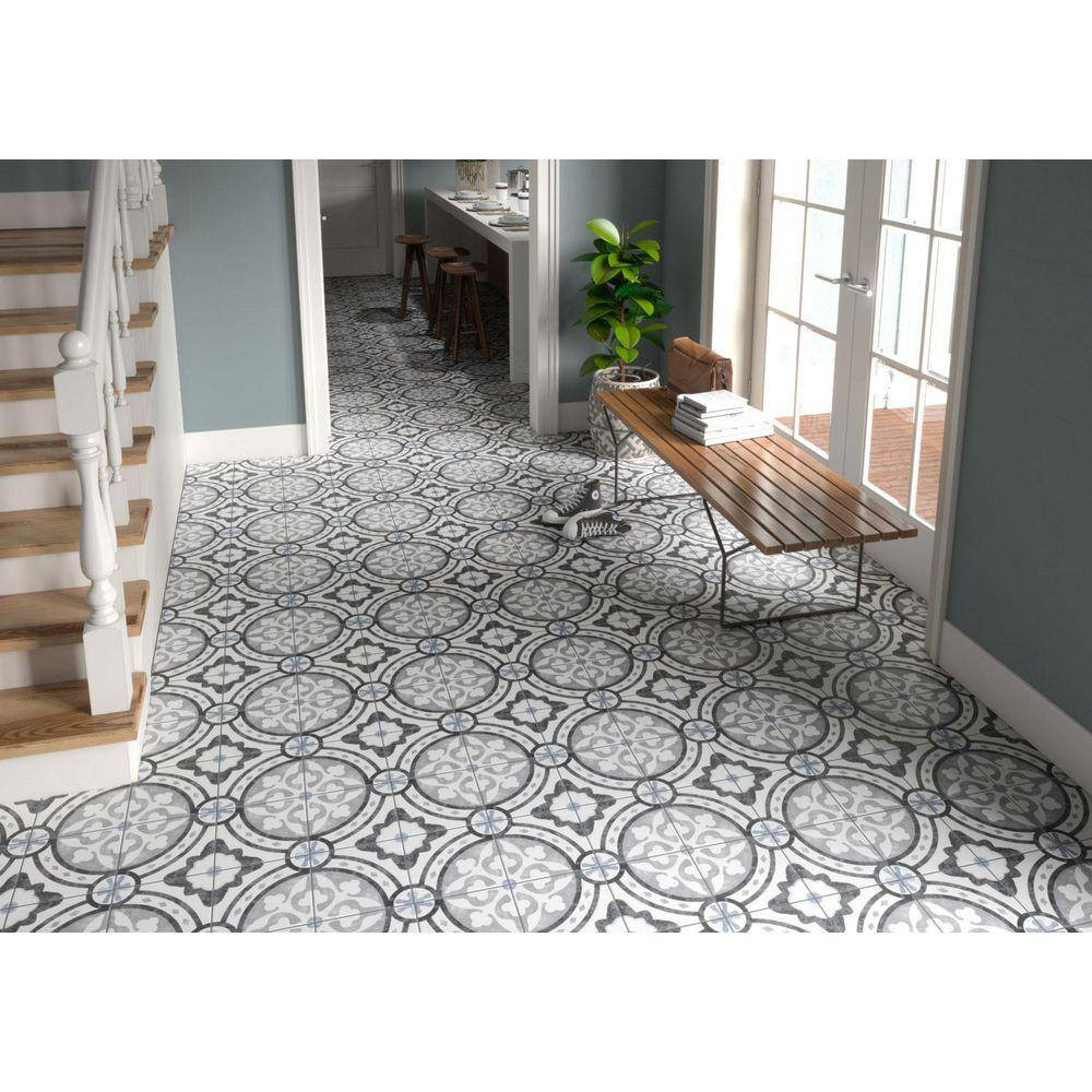 Luv Amore Grey 8 In. Encaustic Spanish/Moroccan Patterned Matte Porcelain Wall a