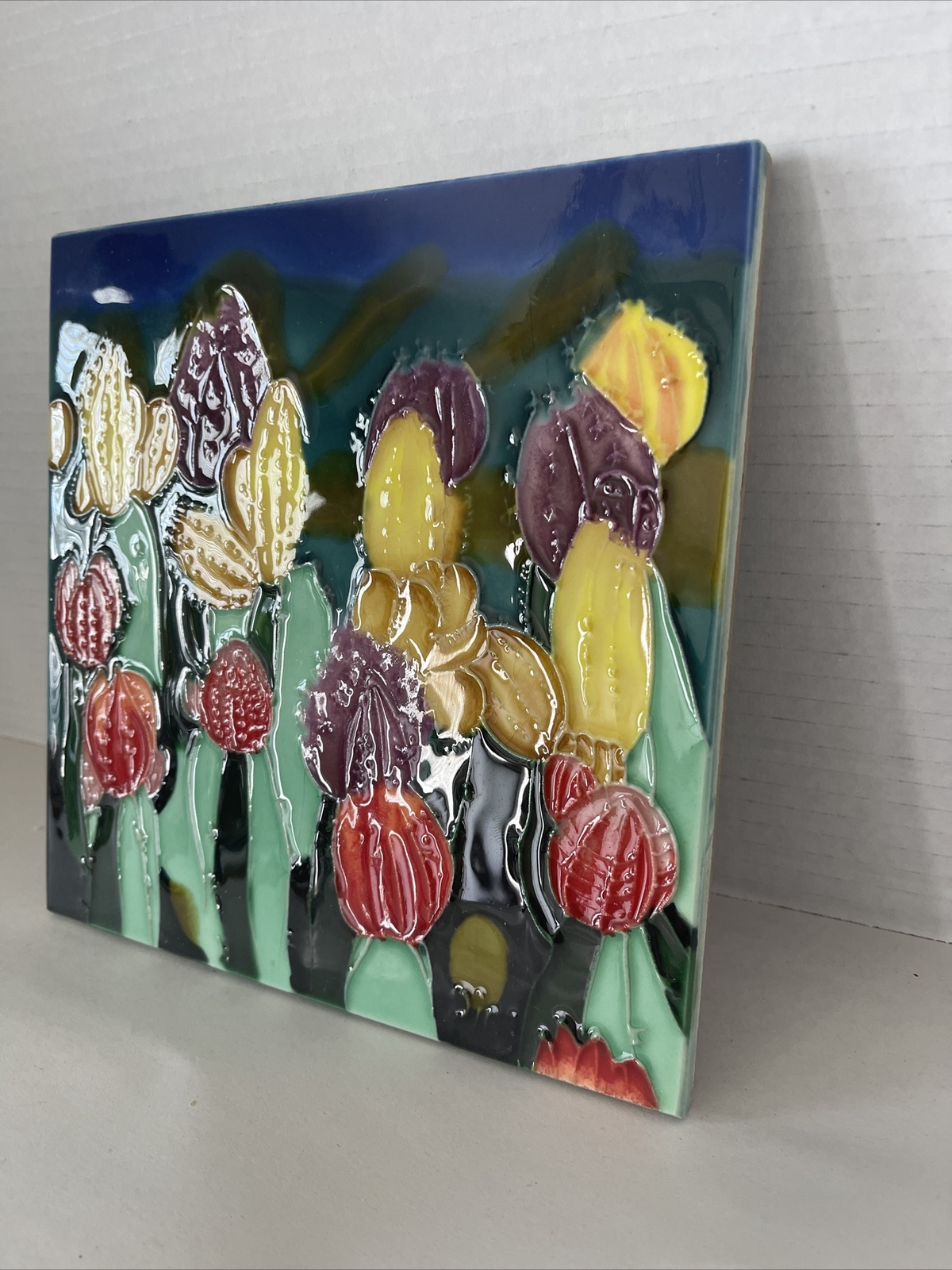 Tropical Cactus Flower Trivet Ceramic Art Tile 8×8” Freestanding Decorative