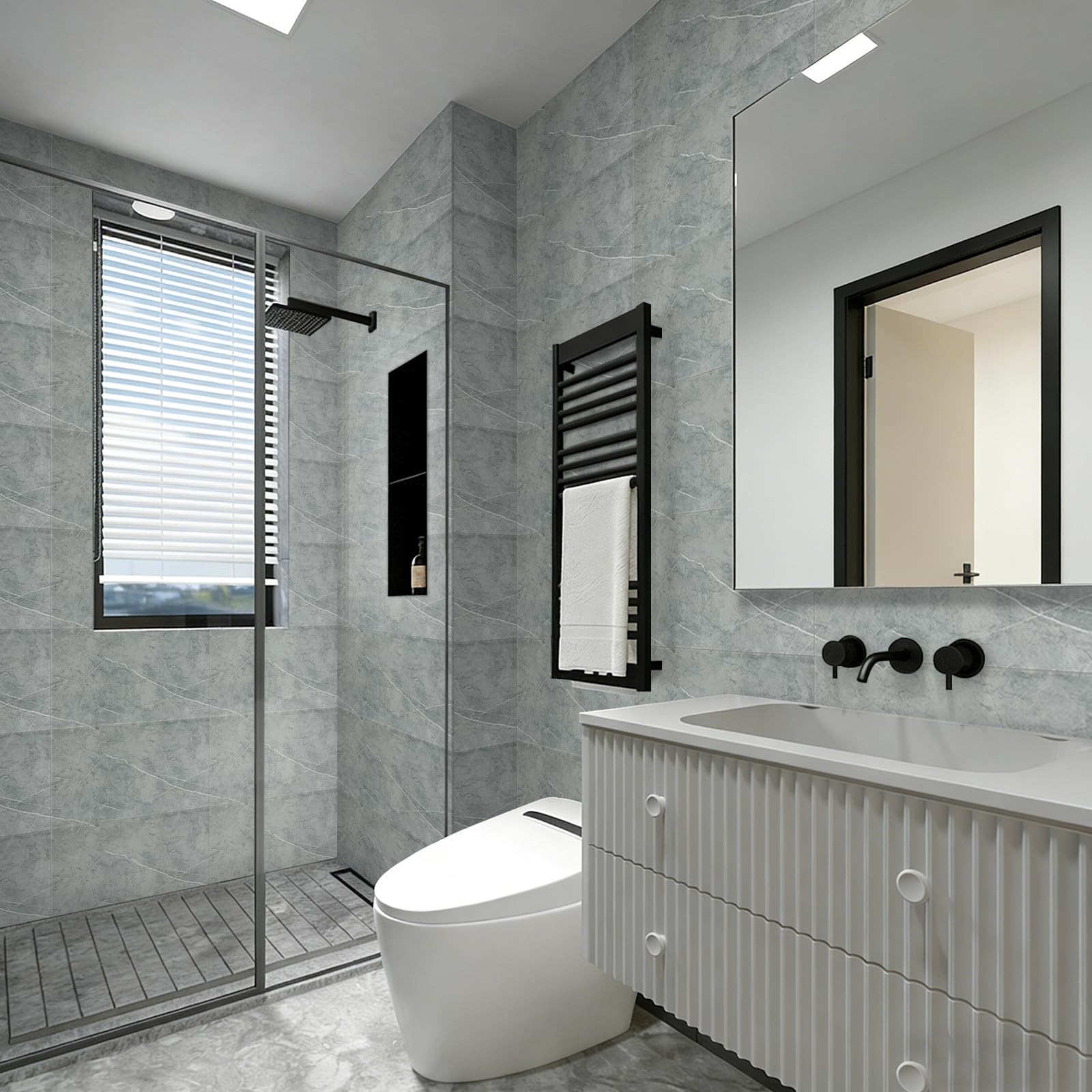 10Pcs Grey Marble Peel and Stick Wall Panels 23.6″x11.8″ Waterproof Backsplash T