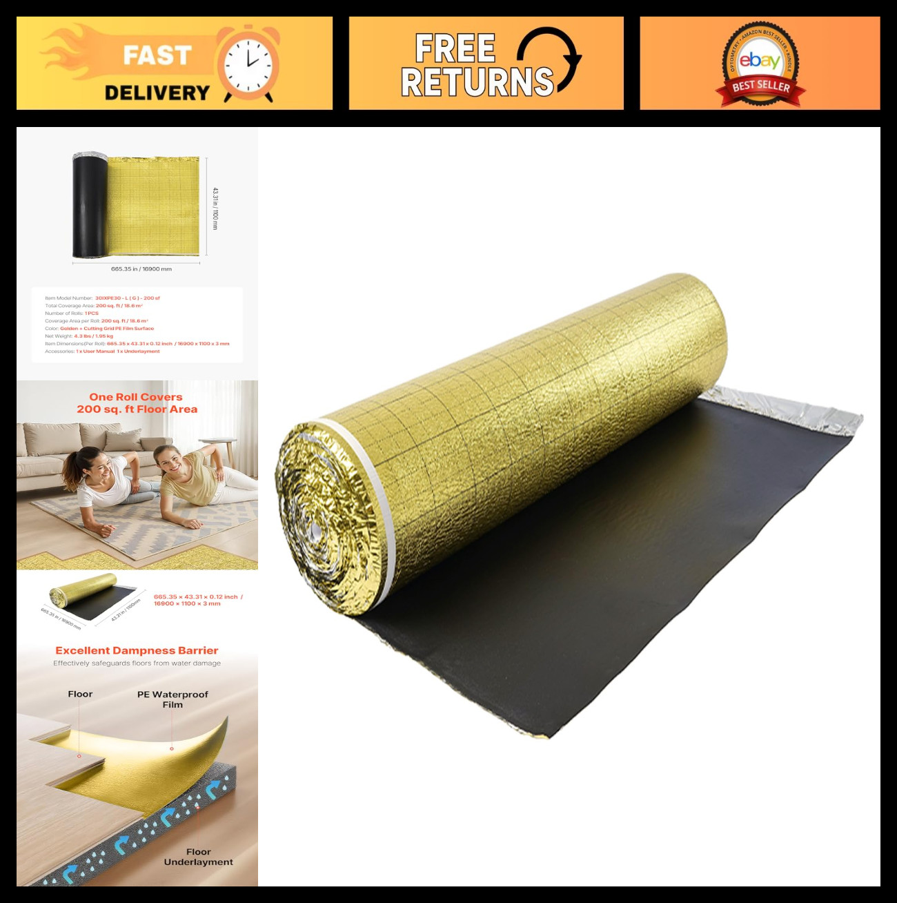 3-in-1 Flooring Underlayment 200 sq ft, 3mm Thick Foam Padding, Soundproof & Vap