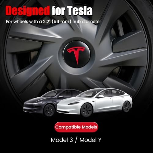4 PCS Wheel Center Hub Cap Sticker for Model 3 / Model Y, Matt Black & Red