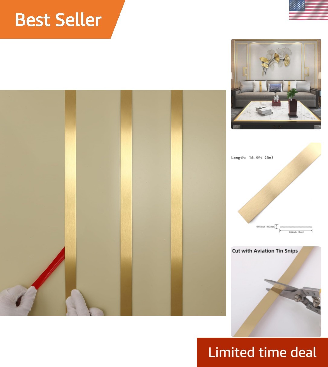 Gold Metalized Brushed Finish Molding Trim, Peel and Stick Strip for Mirror F…