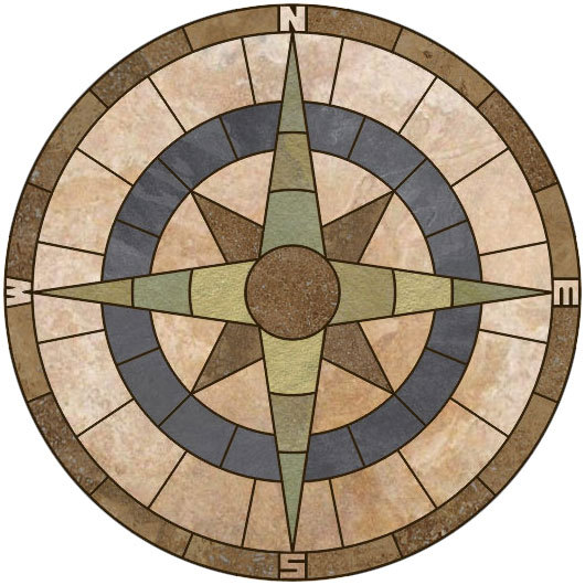 36″ SLATE, LIMESTONE, & TRAVERTINE TILE ADMIRALS COMPASS ROSE MOSAIC MEDALLION