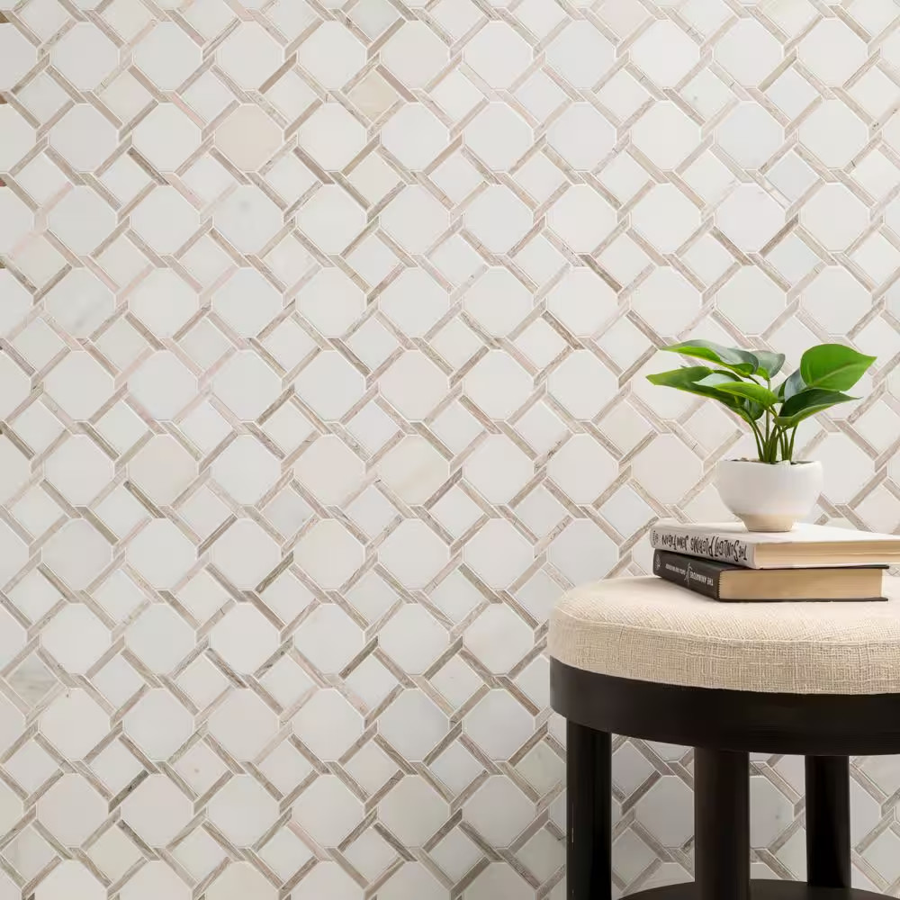Marbella Lynx 12 In. X 12 In. Polished Marble Mesh-Mounted Mosaic Floor and Wall
