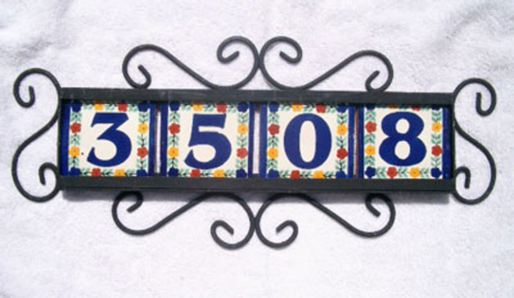 4 Mexican 4×4 House Numbers Tiles with Horizontal Iron Frame