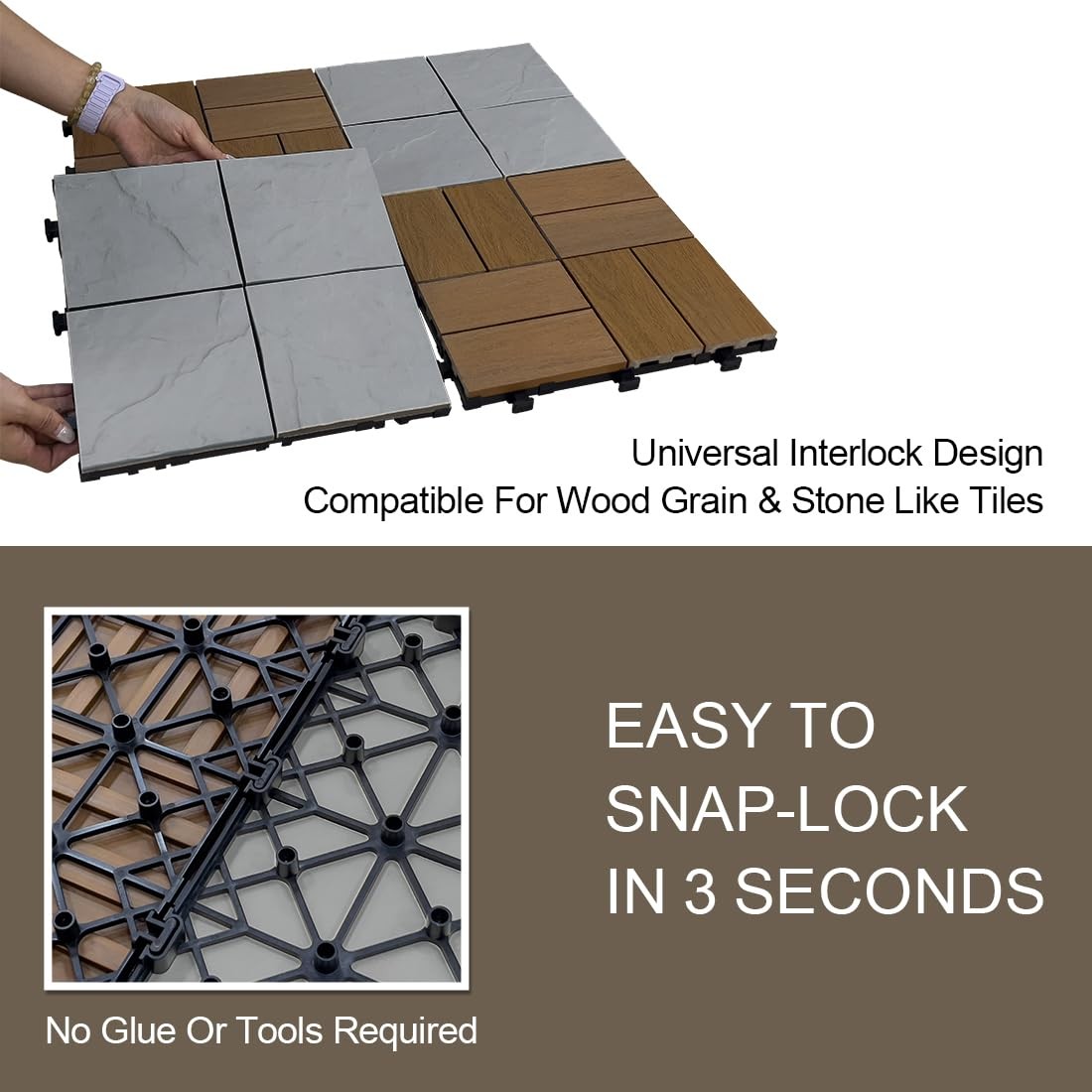 JJWOOD Stone-Look Interlocking Deck Tiles, 9 Pcs 12″ x 12″ WPC Patio Flooring…