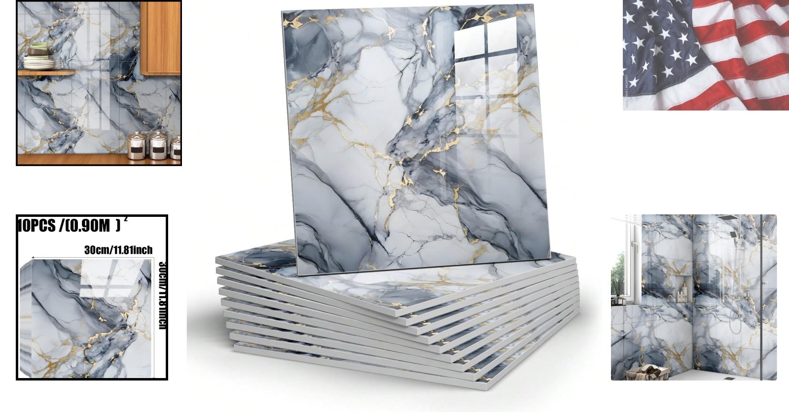Easy Install 10pcs Blue Gold Marble Peel and Stick Panels – Versatile Home Decor