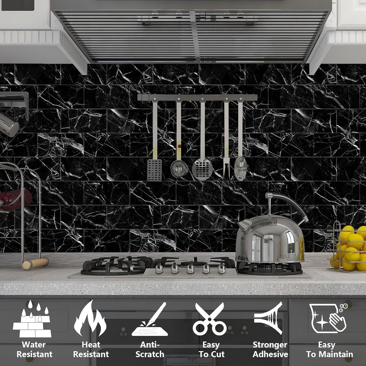 Peel and Stick Backsplash Tiles 32pcs PVC Black Marble 4×8 for Kitchen Bathroom