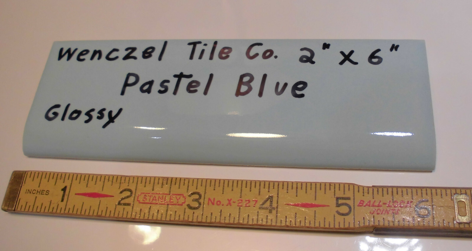 1 pc. Vintage Glossy *Pastel Blue* 2” X 6” Bullnose Ceramic Tile by Wenczel Co.