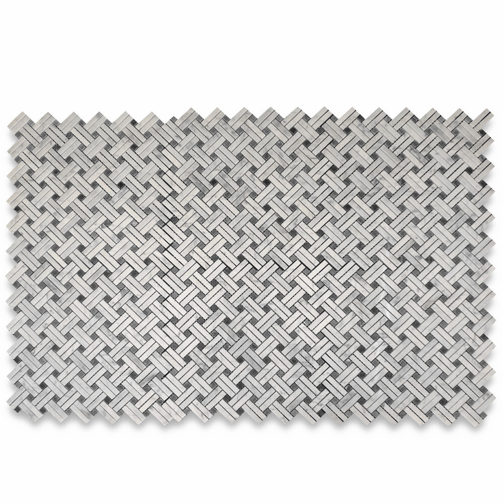 C697XP Carrara White Diagonal Basket Weave Gray dots Marble Mosaic Polished