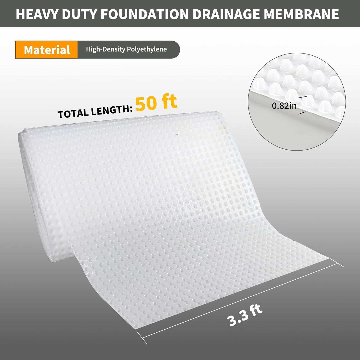 Dimple Drainage Matting 3.3’ X 50’ High-Density Polyethylene Foundation Drainage