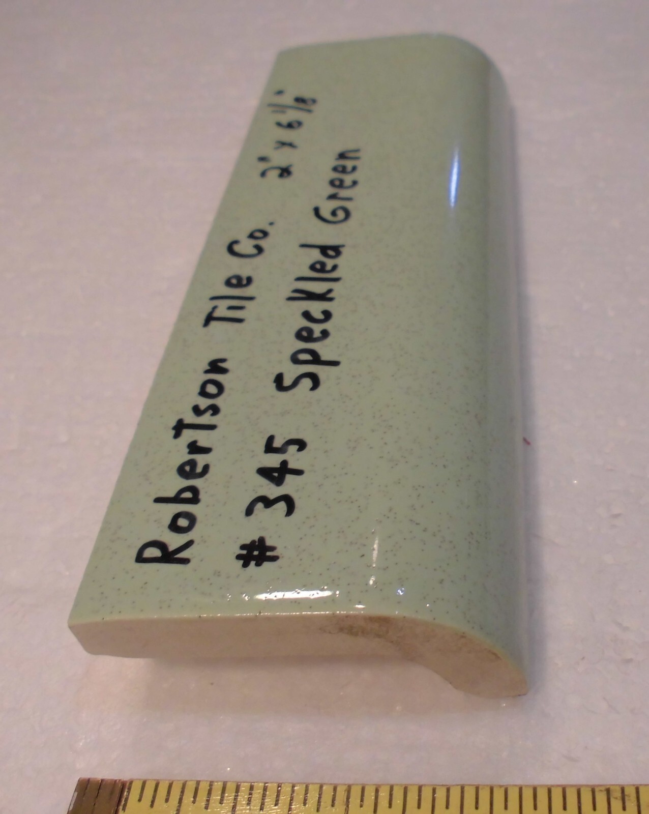 1 pc. Speckled Green: Ceramic Tile; 2″ X 6-1/8″ Radius Bullnose by Robertson Co.
