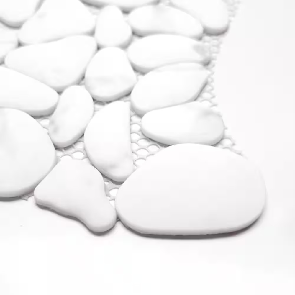 White Calacatta Pebble 10.6 In. X 10.6 In. Recycled Glass Marble Looks Floor and