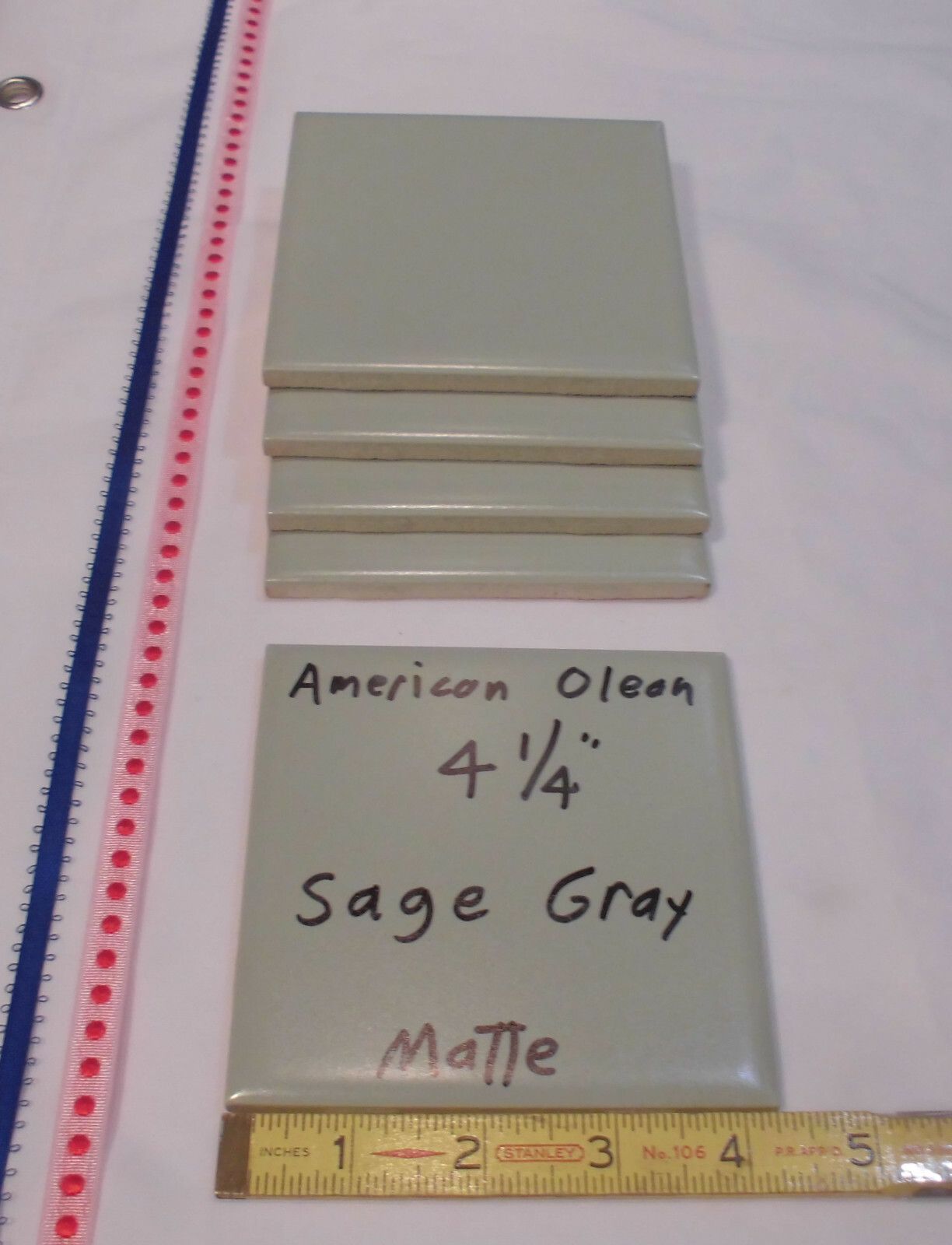 5 Ceramic Tiles *Sage Gray* by American Olean 4-1/4″ Greenest, Matte, NOS