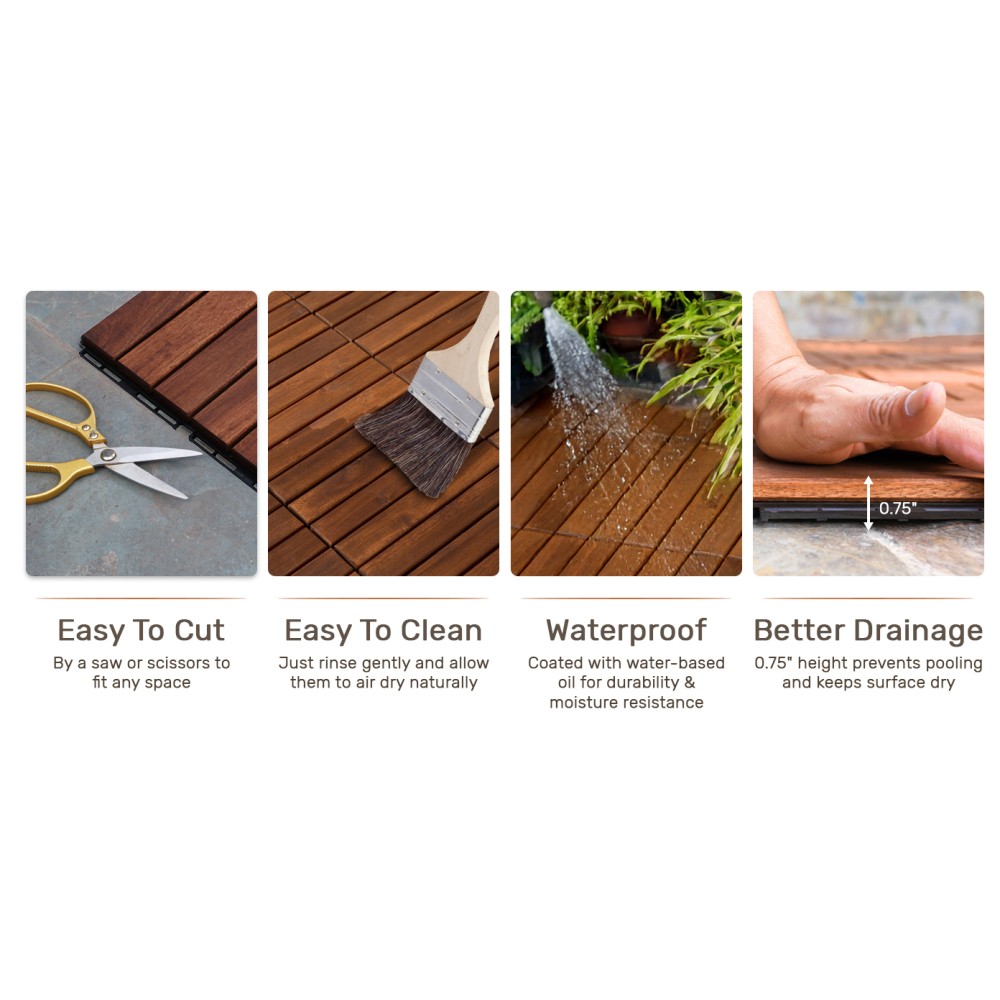 30 PCS Interlocking Deck Tiles, 12″ Acacia Wood Striped Outdoor Flooring