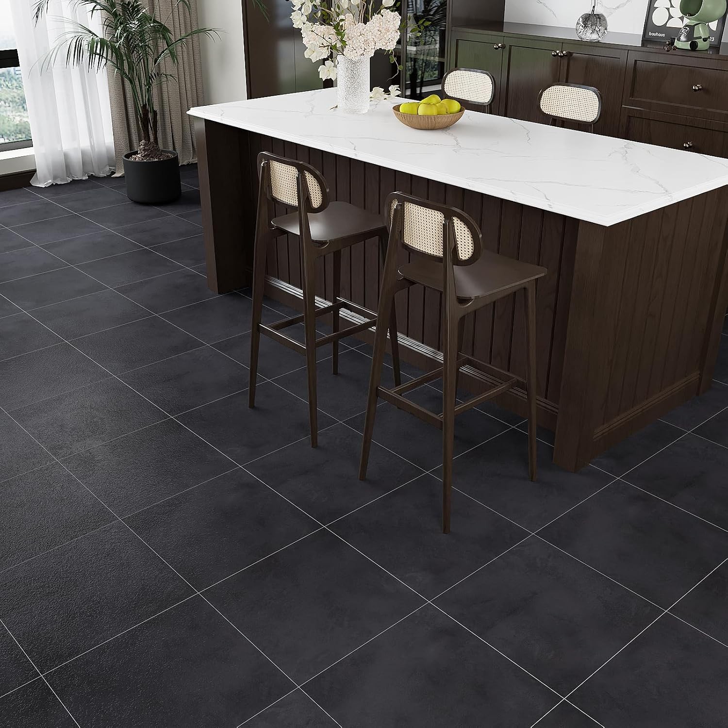 12″x12″ Black Peel and Stick Floor Tiles Black Concrete Vinyl Flooring Tiles