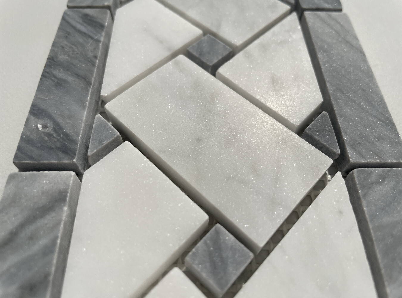 C657BXH Carrara Venato Marble Basketweave Mosaic Border Dark Gray Dots Honed