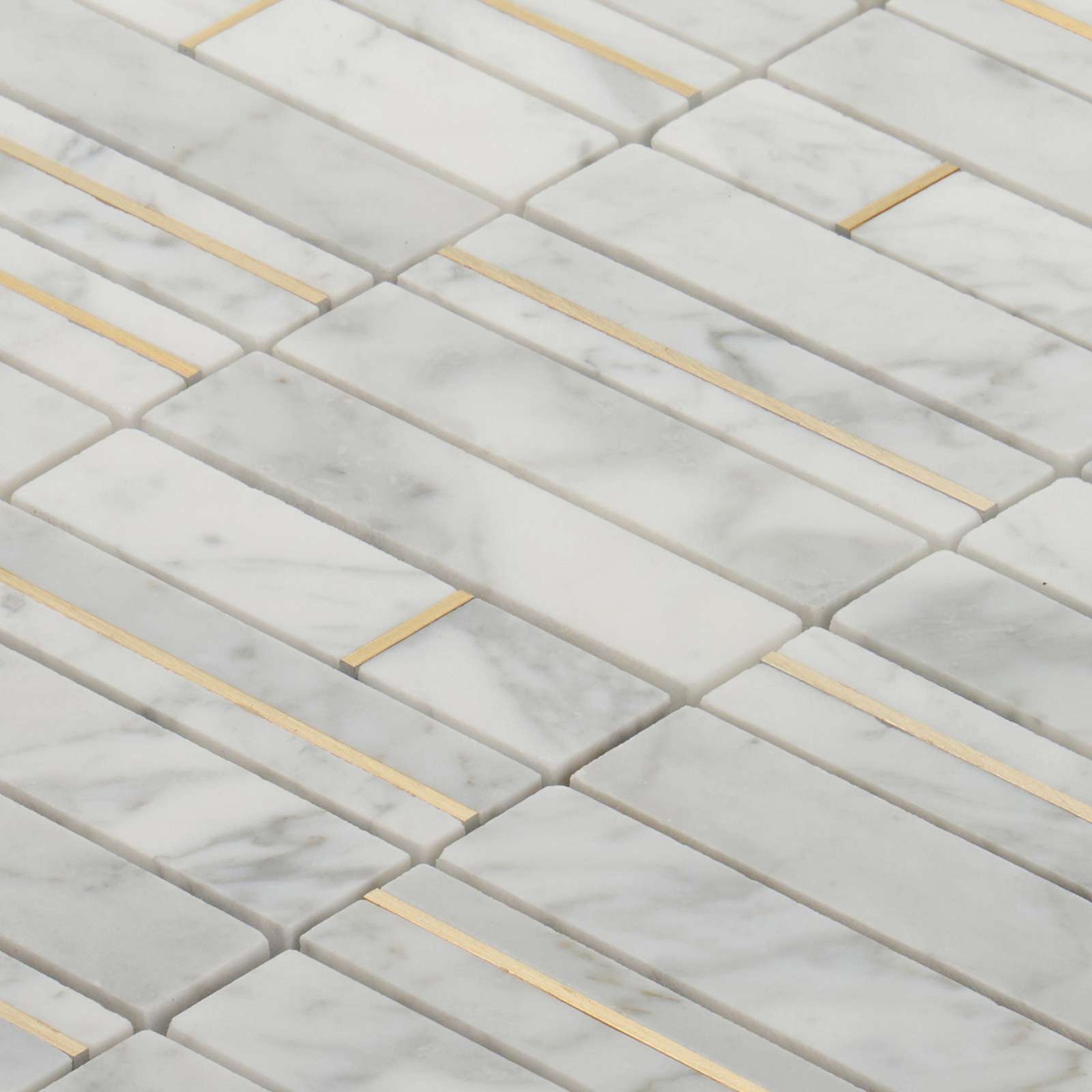 Carrara White Marble Stone Gold Metal Inlay Stack Kitchen Mosaic Tile Backsplash