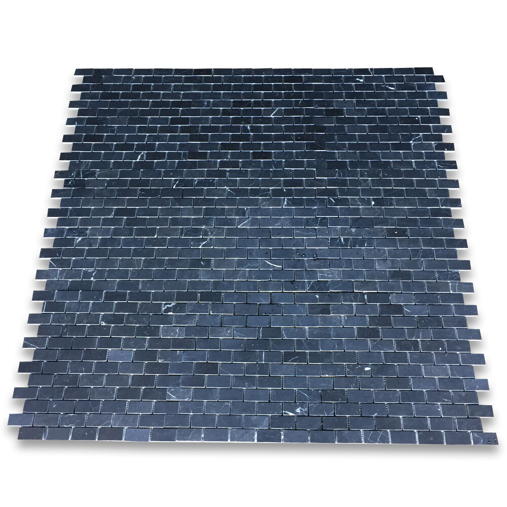 N63XH Nero Marquina Black Marble 1×2 Medium Brick Mosaic Tile Honed Matte