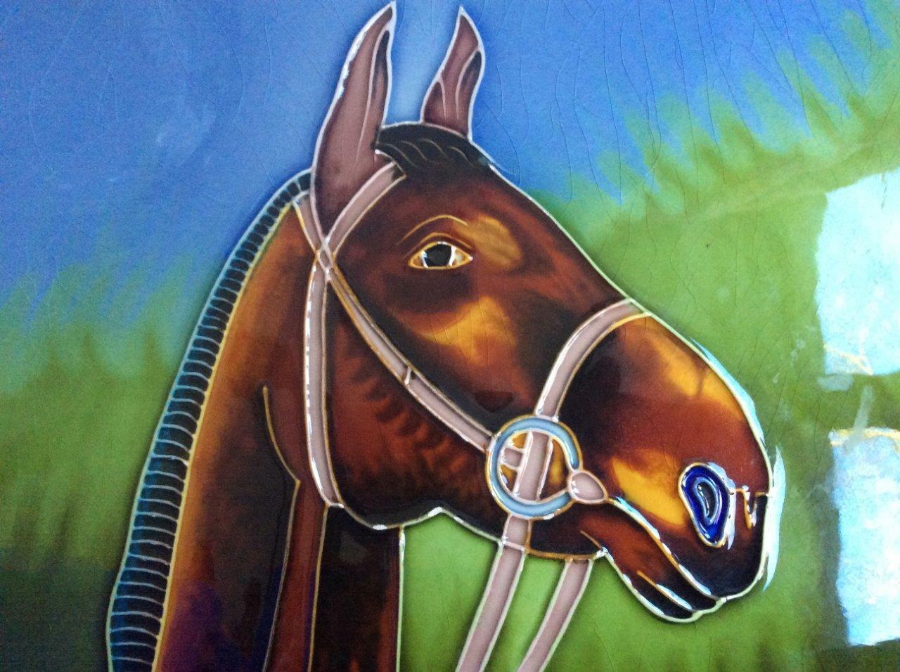 Vintage Horse Head Ceramic Tile/Plaque, Large, Brown Horse, Glaze Crackles