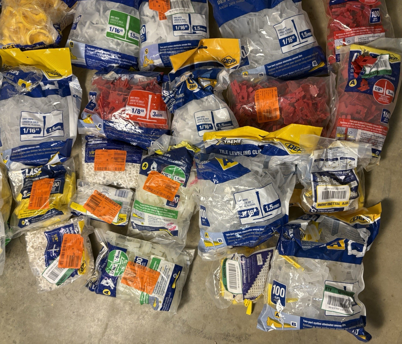 Lot QEP Lash tile leveling system clips, wedges, and caps, Lash360, 1/16, 1/8