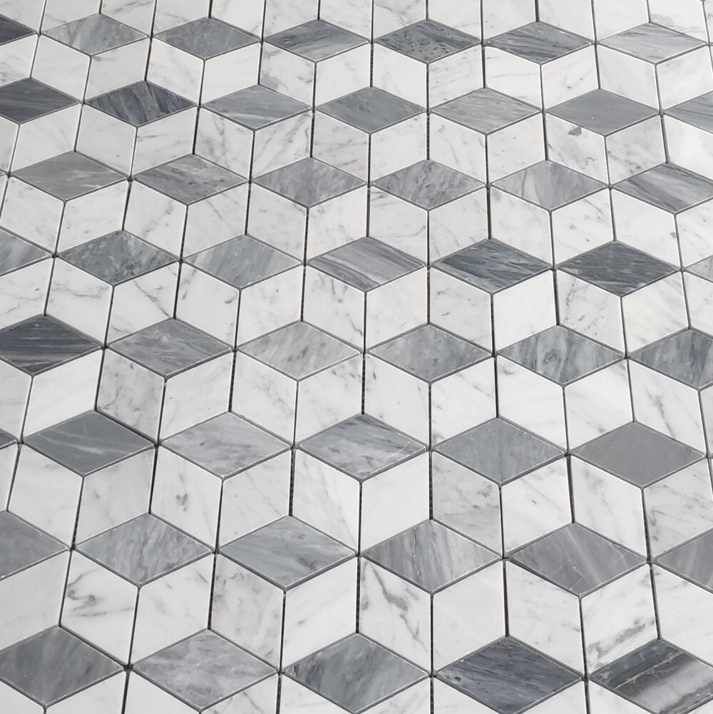C34K7XH Carrara White Gray Marble 3D Cube Illusion Rhombus Geometry Tile Honed