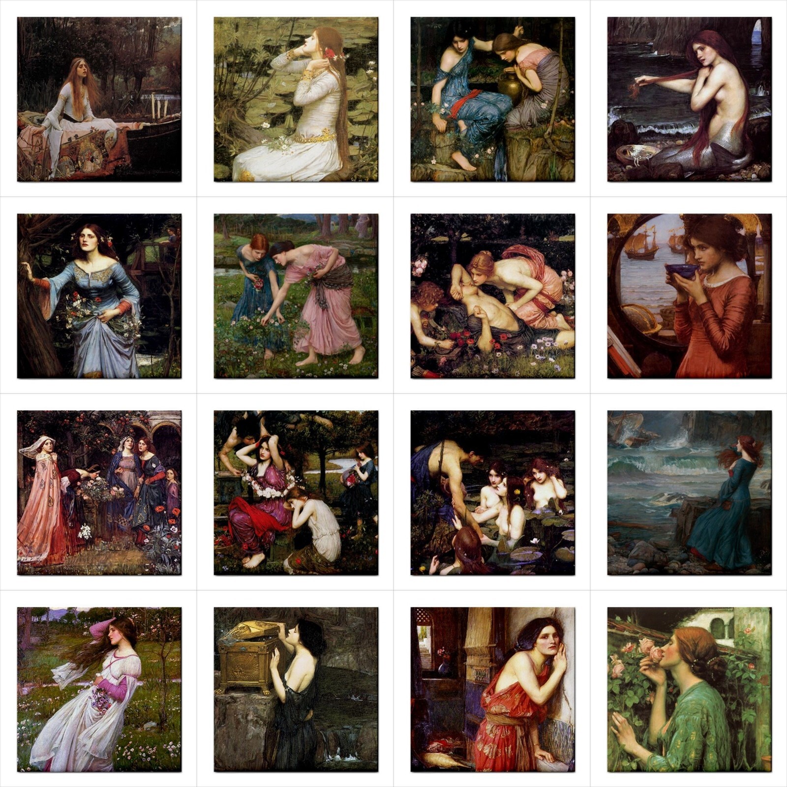 Ceramic Tiles John William Waterhouse Vintage Female Art Backsplash 16 Tile Set