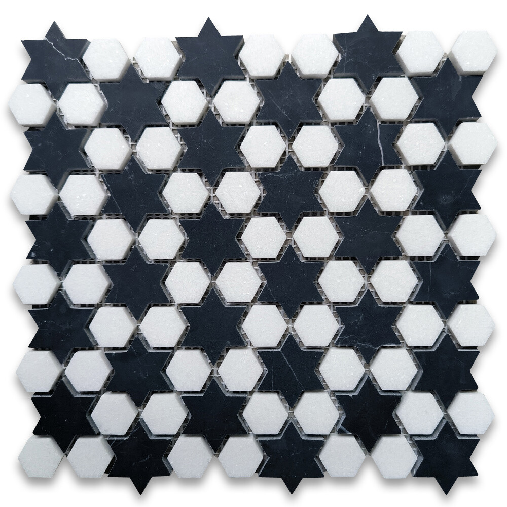 T31G1XH Thassos White Marble Starry Night Hexagram Hexagon Mosaic Tile Black