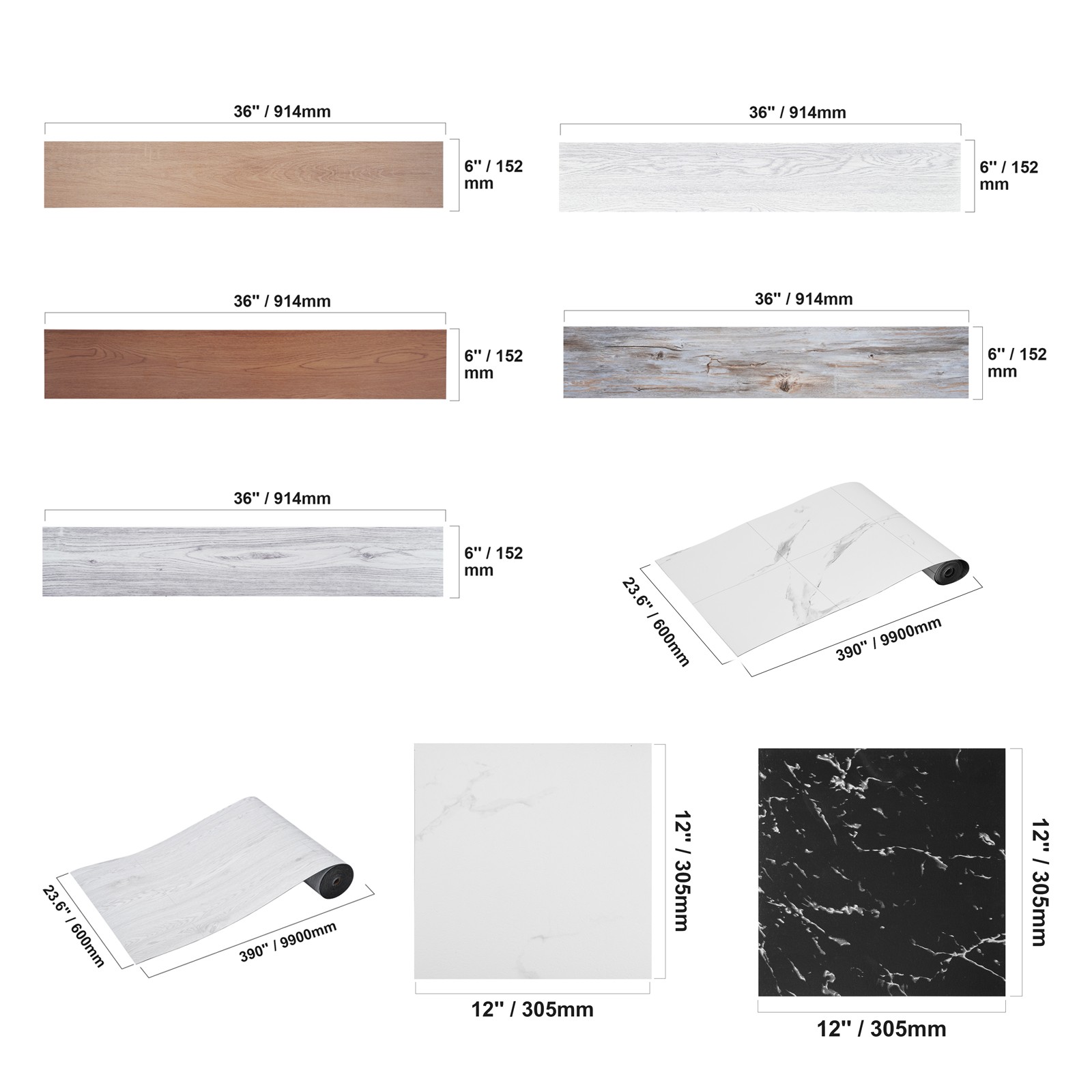 VEVOR Self Adhesive Vinyl Floor Tiles 20/36/50PC 0.62/1.5/2.5mm Thick Wood Grain