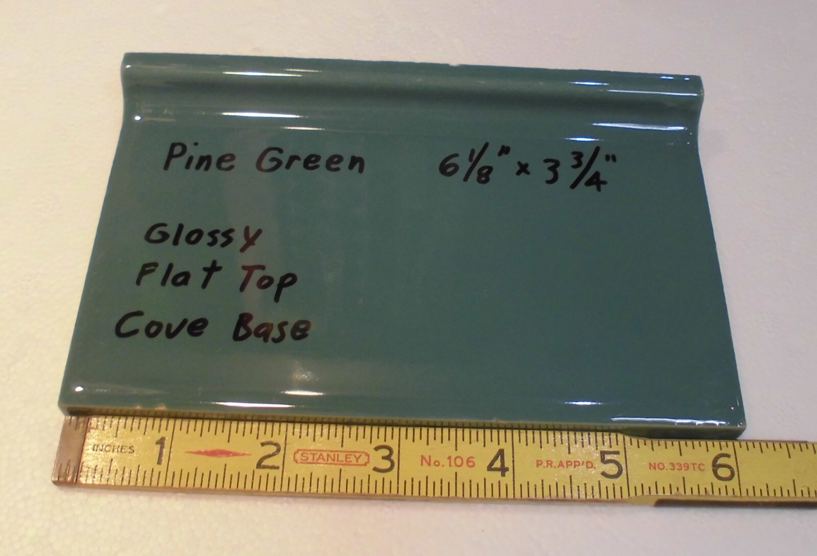 1 pc. Pine Green: 3-3/4″ X 6-1/8″ Ceramic Cove Base Tile, Stack-on-Top, Flat Top