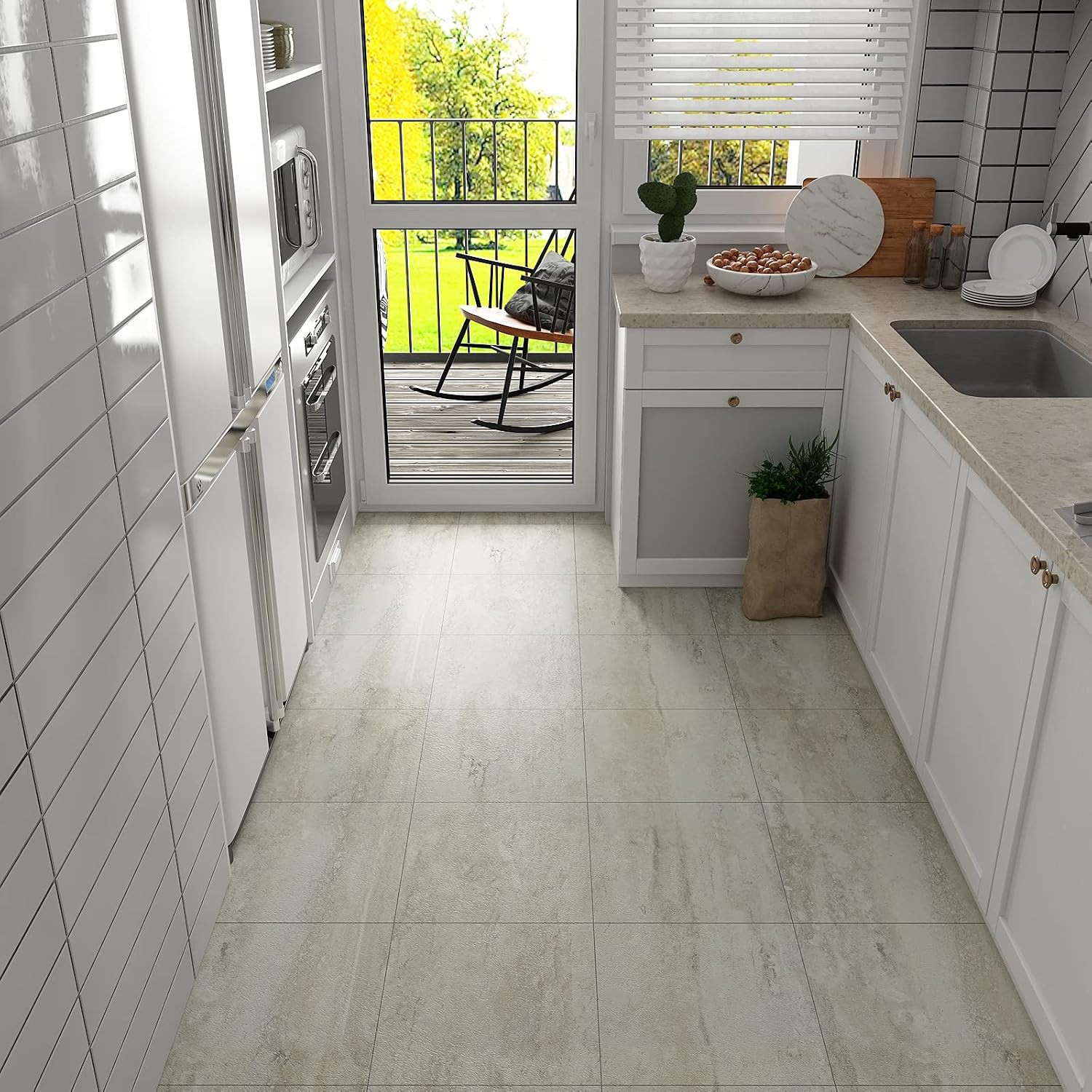 Travertine Peel and Stick Floor Tile – Waterproof Beige Vinyl 12”X12”
