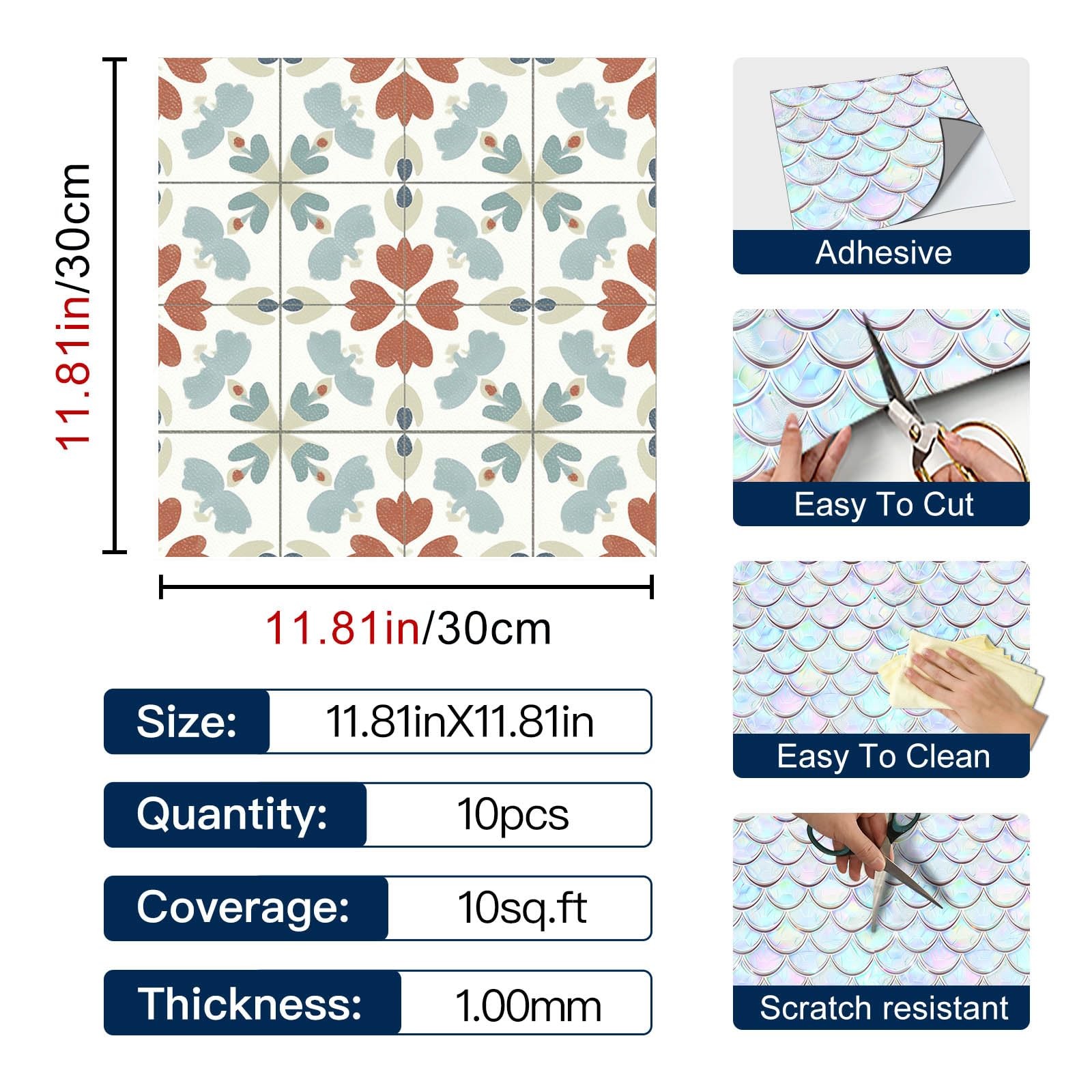 10PCS 12×12 Inch Floral Pattern Floor Tiles Peel and Stick Removable Self Adh…