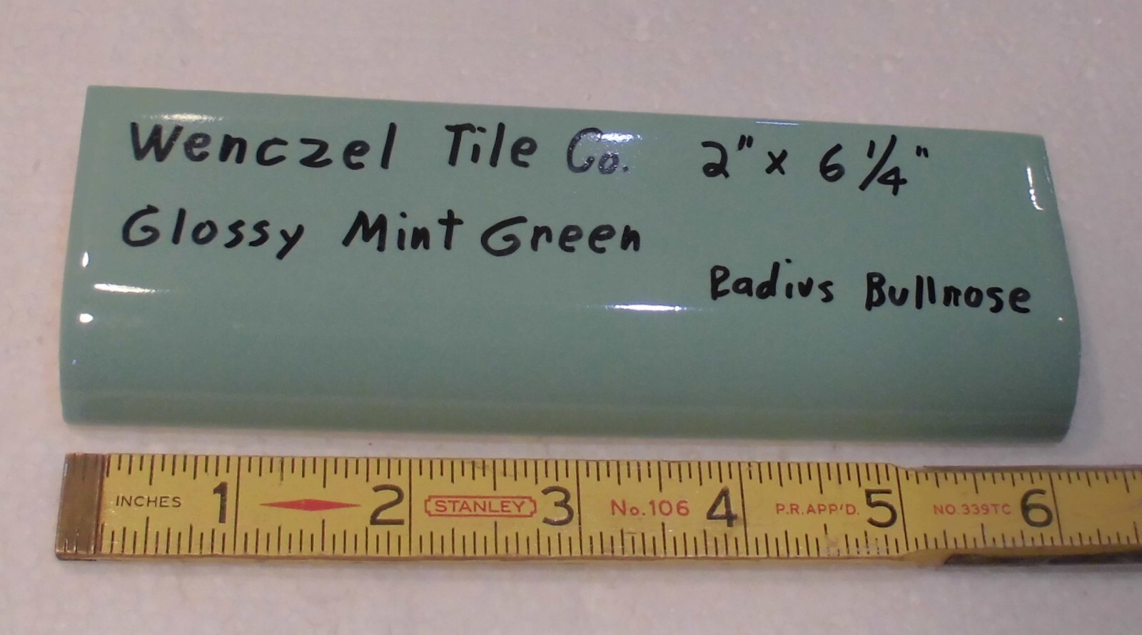 1 pc. Mint Green: Glossy Ceramic Radius Bullnose Tile: Wenczel Co. 2″ X 6-1/4″