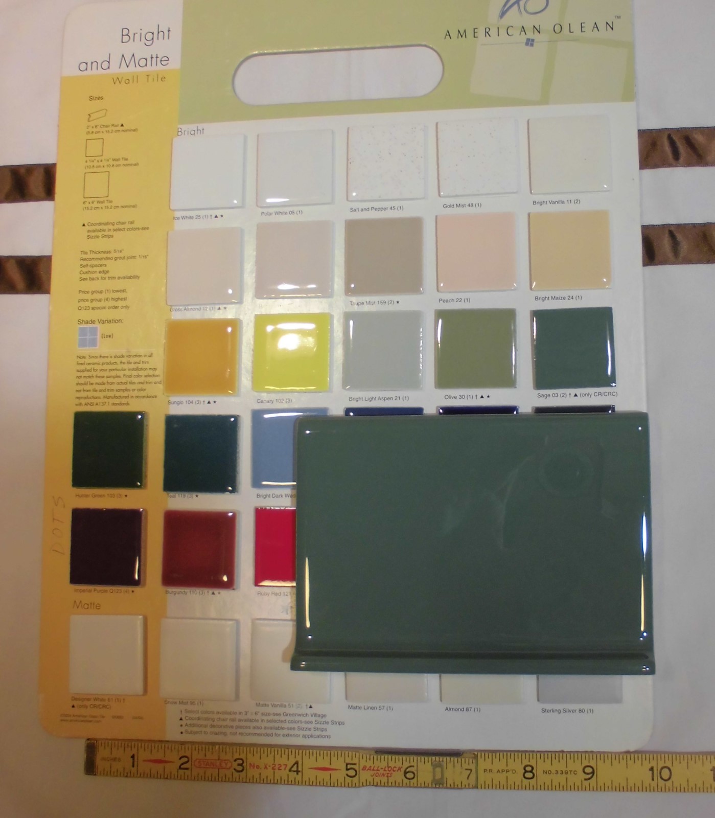 6 pcs. *Sage Green* 4” X 6” Glossy Ceramic Cove Base Tile, Bullnose Top, NEW