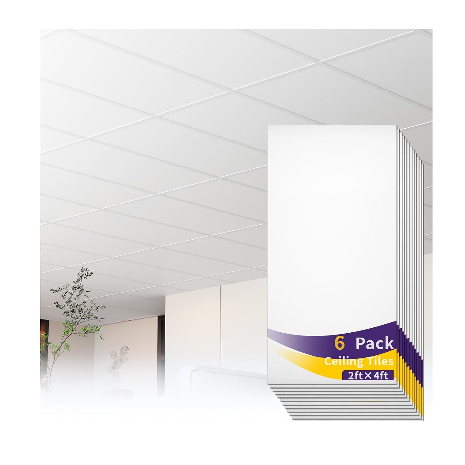 6 PCS 2×4 FT White Ceiling Tiles 24×48 Inch PVC Waterproof Smooth Drop Ceiling