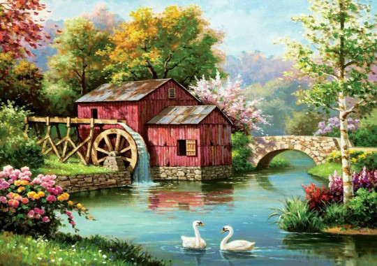 country watermill with lake swans flowers garden ceramic tile mural backsplash