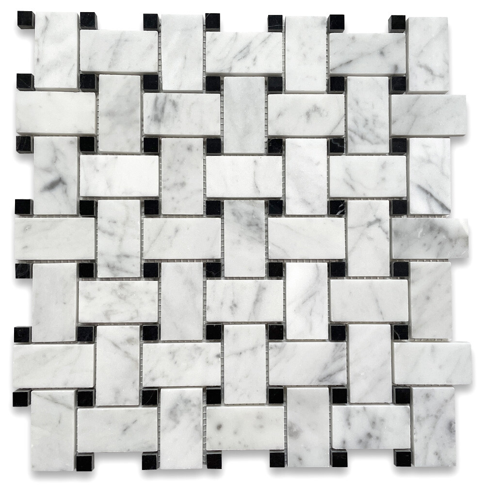 C651XP Carrara Marble Basketweave Mosaic Tile Carrera Black Dots Polished 1×2