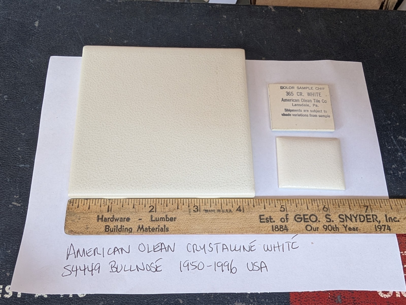 2 pc American Olean Crystalline White ceramic tile 4-1/4″ #365 Bullnose 60s 70s