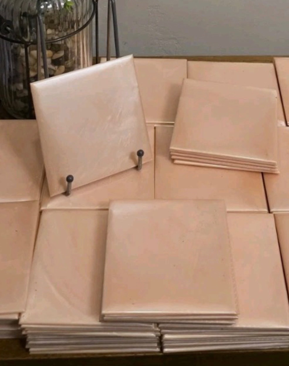 Vintage plastic tiles, 4-1/4×4-1/4”, pink pearl