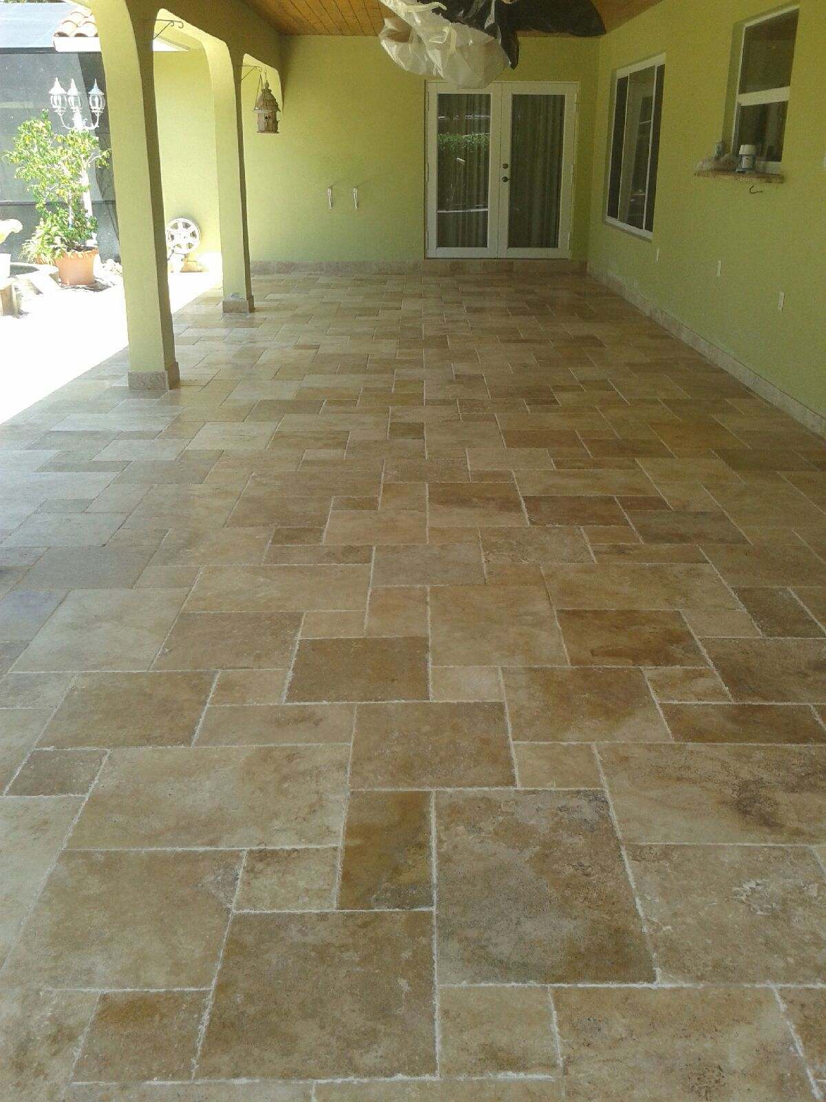 SUNSET IVORY TRAVERTINE FRENCH PATTERN TILES BRUSHED CHISELED EDGE