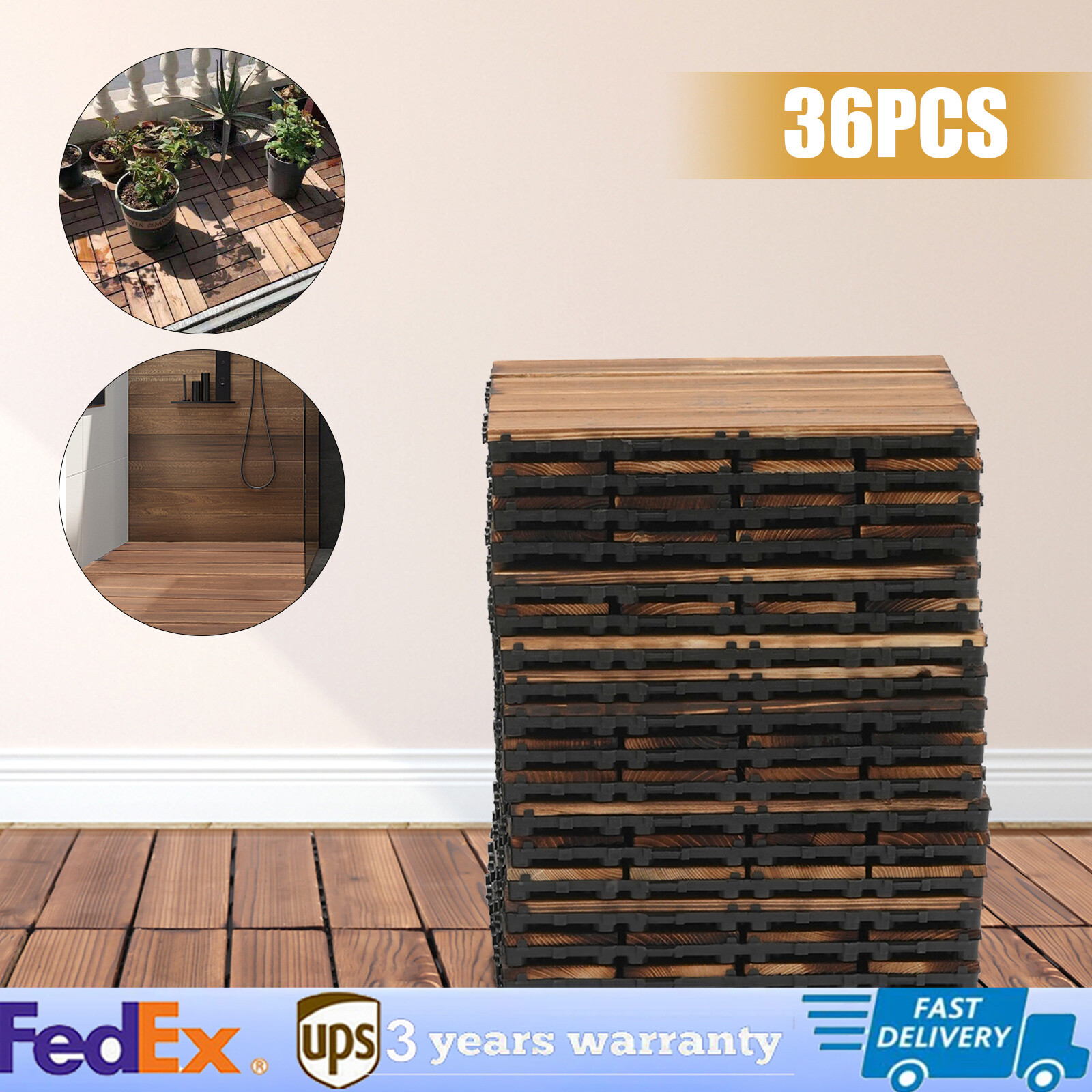 36Pcs Hardwood Interlocking Patio Deck Tiles Wood Flooring DIY Outdoor 12”x12”