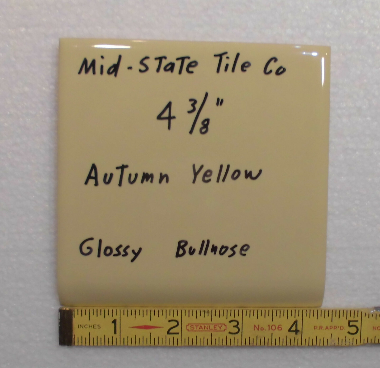 1 pc. Autumn Yellow; Bullnose Surface Ceramic Tile 4-3/8″ by Mid-State Co. NOS
