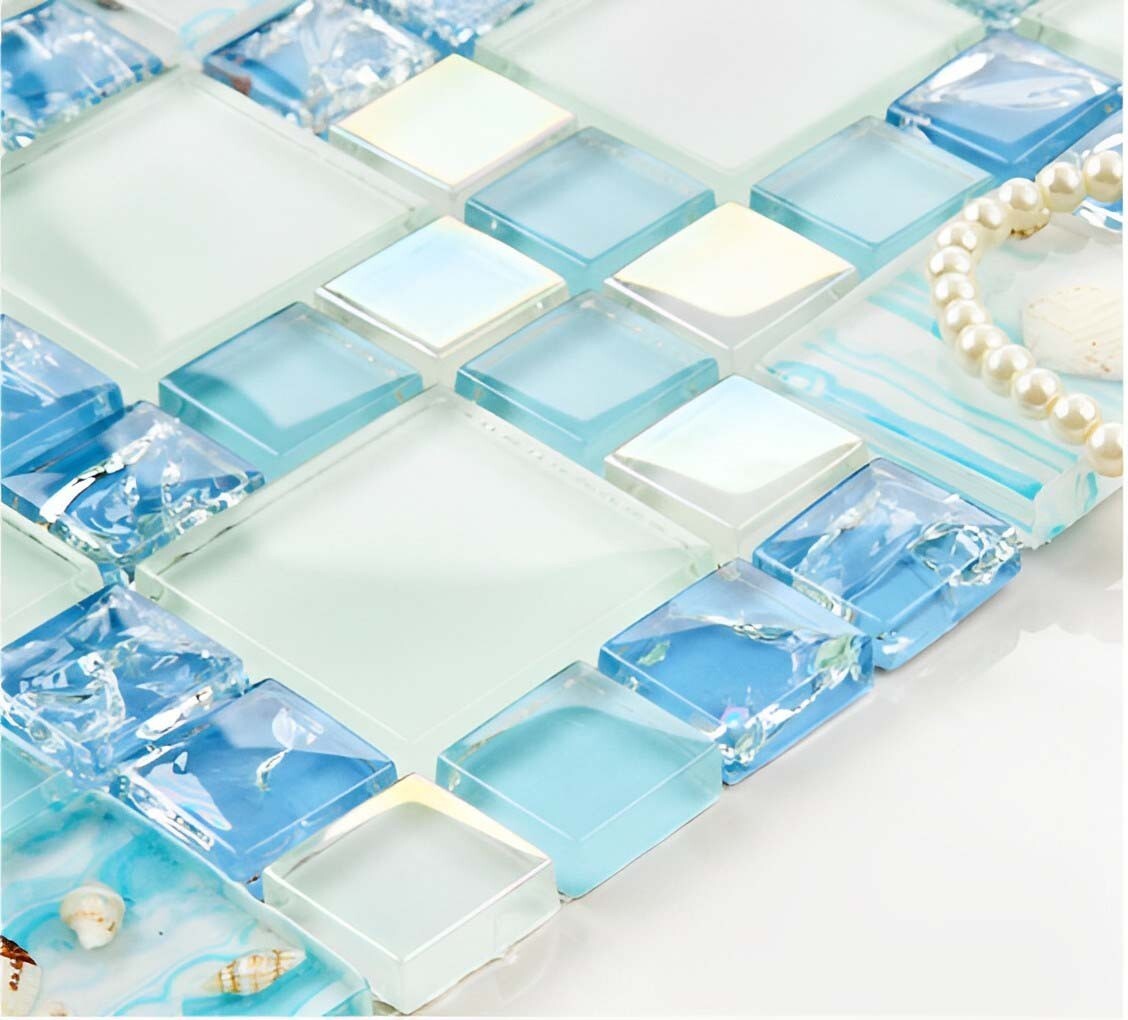 Glossy Glass Tile Crackle Mosaic Wall Tiles Blue Sky Coastal Kitchen Backsplash