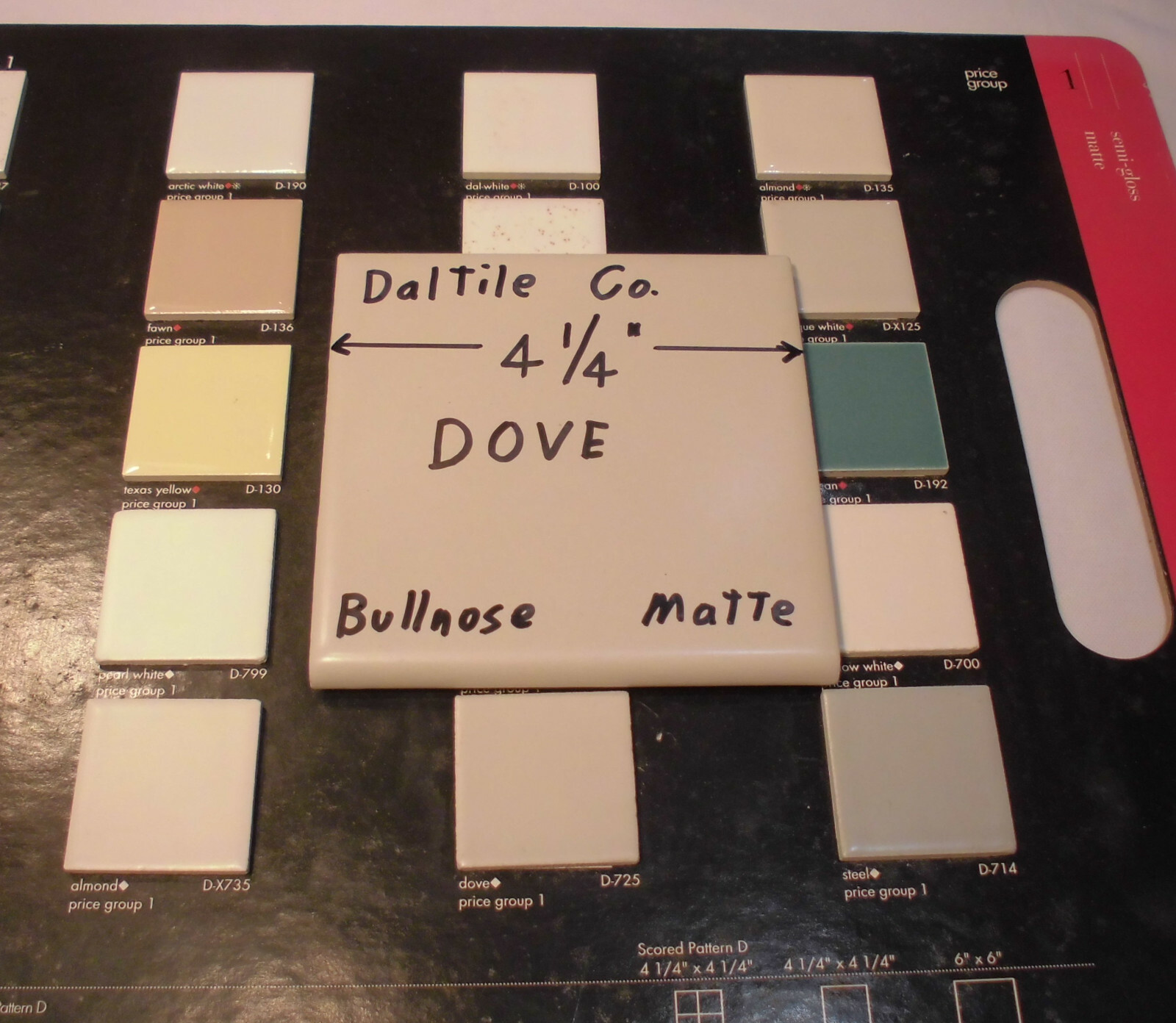 1 pc. Dove-Lite Gray; Bullnose Ceramic Tile by Daltile #D-725; 4-1/4″ Matte, New