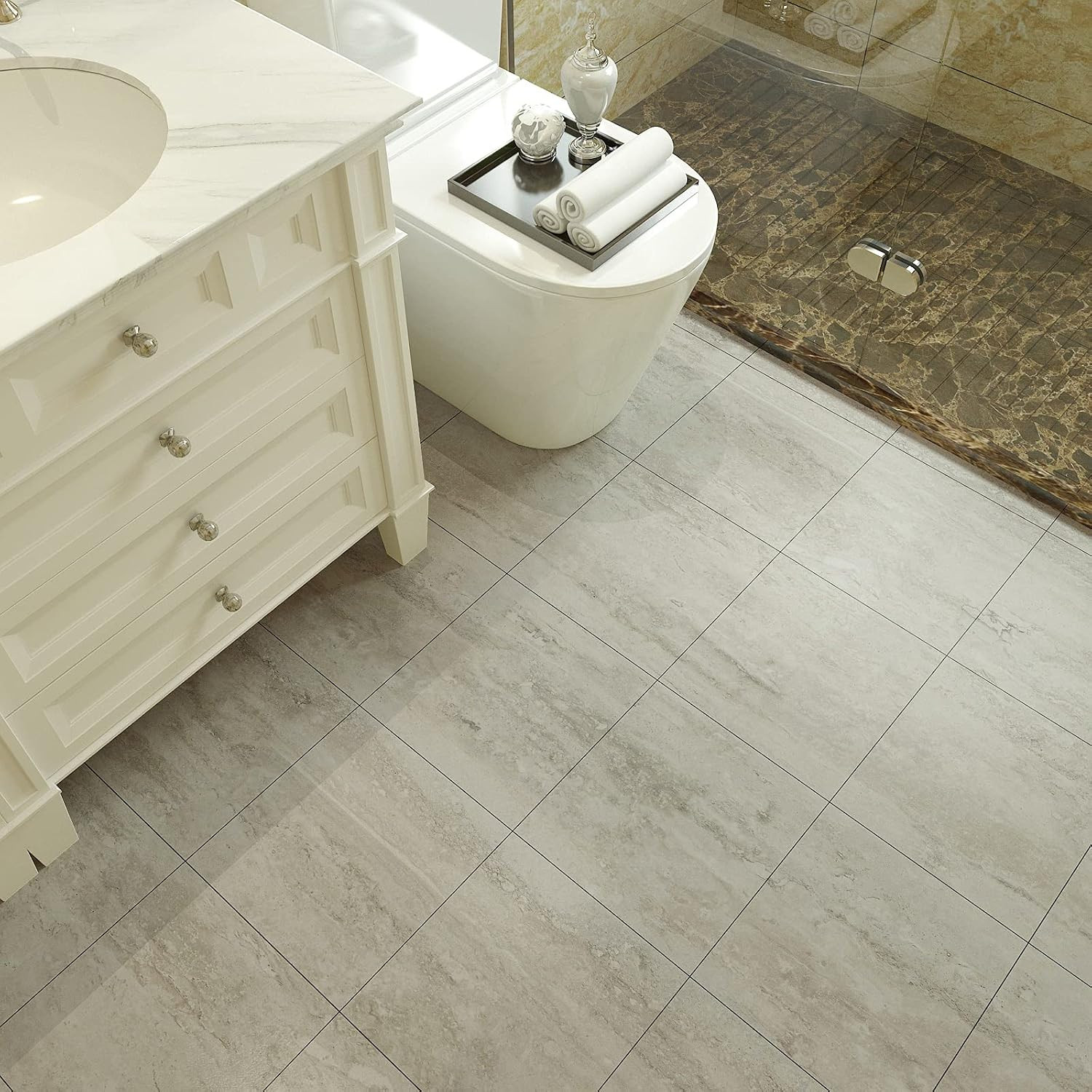 Travertine Peel and Stick Floor Tile – Waterproof Beige Vinyl 12”X12”