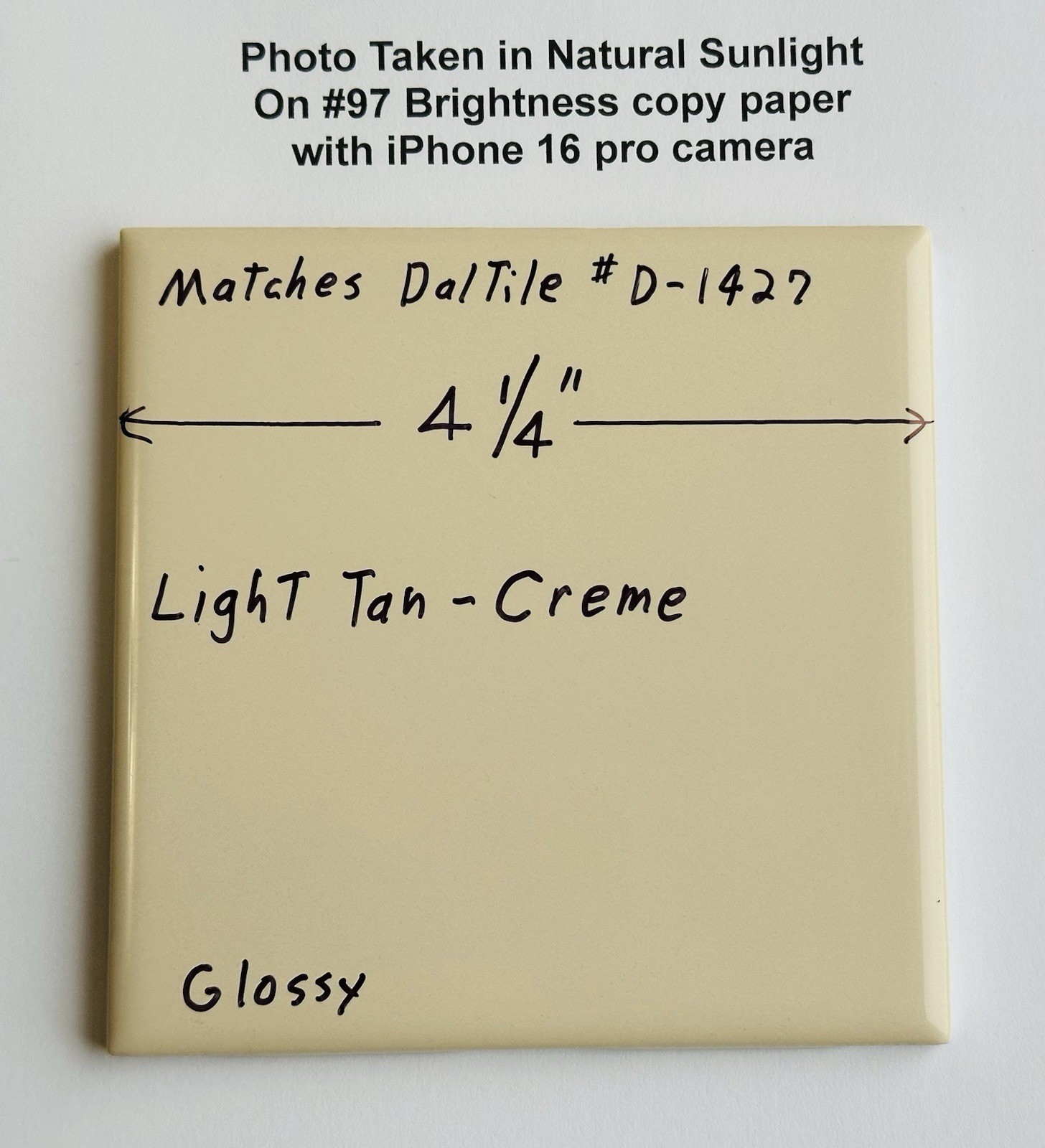 1 pc. Light Tan – Cream: 4-1/4″ Glossy Ceramic Tile, matches Daltile #D-1427