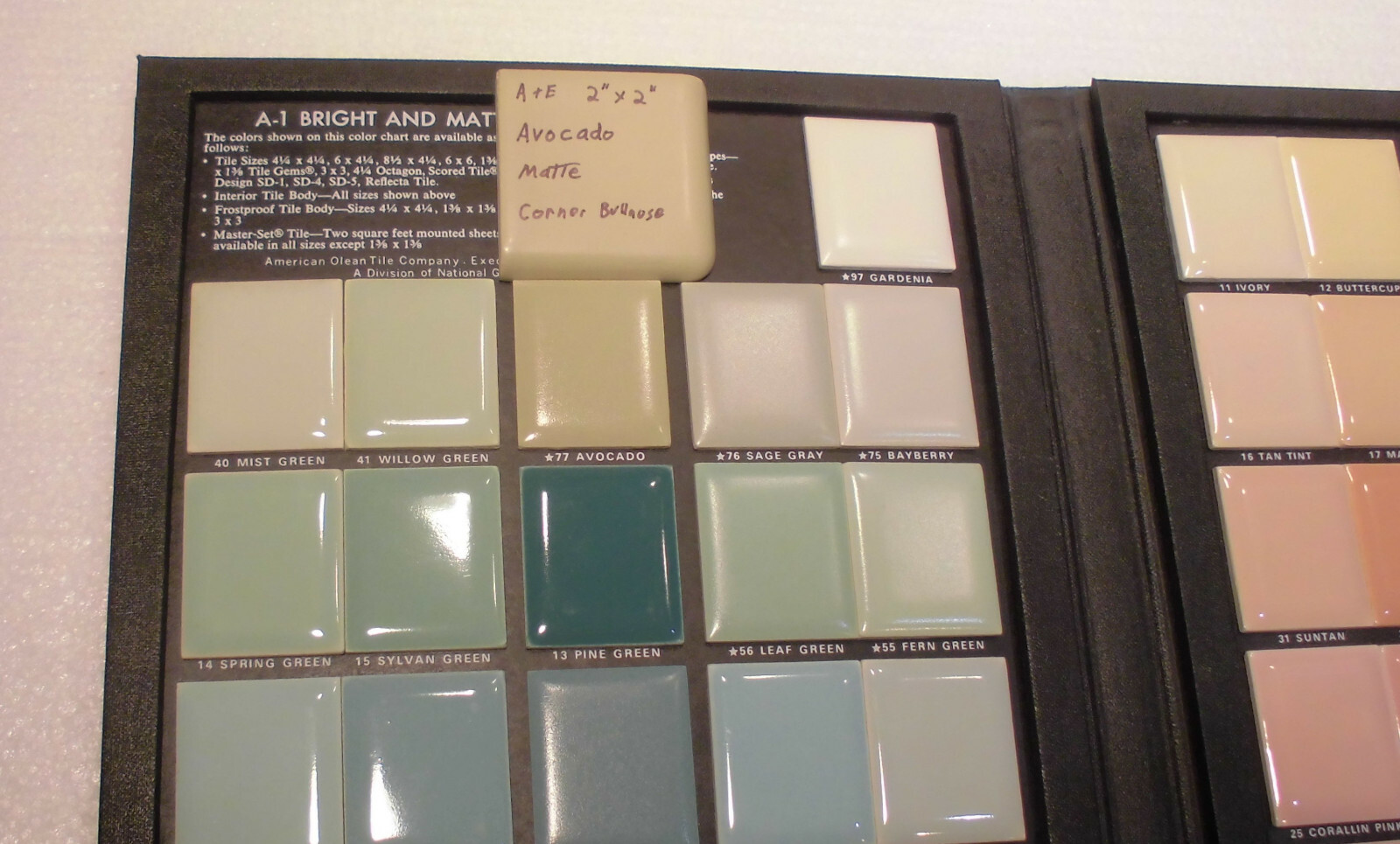 1 pc. Avocado Green 2″ X 2″ X 5/16″ Ceramic Surface Bullnose Corner Tile; Matte